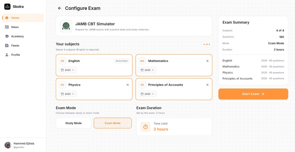 Setting up a JAMB mock exam in Skolra for Windows: English, Mathematics, Physics and Principles of Accounts chosen, exam mode, 180 questions in 2 hours.