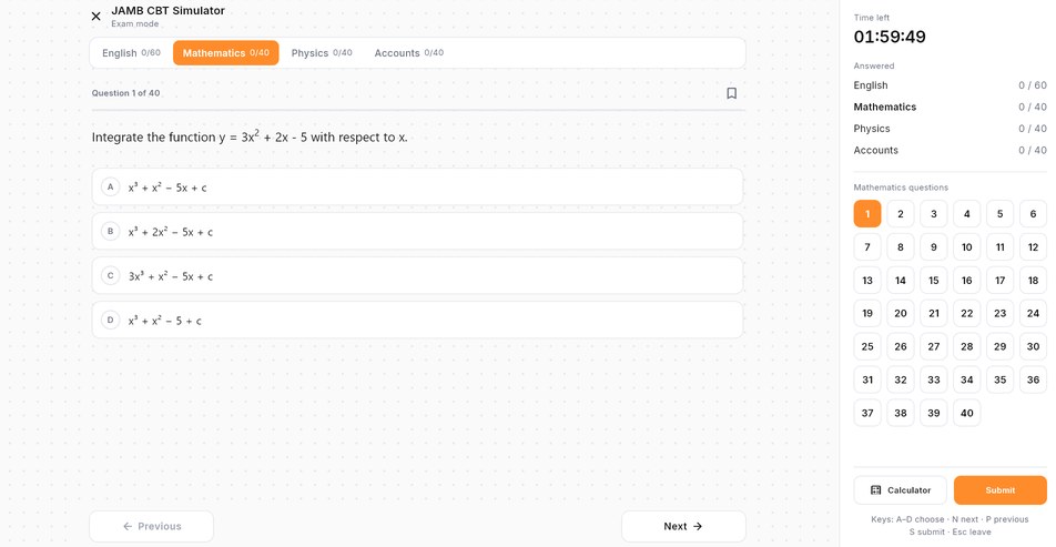 A JAMB CBT mock exam in Skolra for Windows: a Mathematics question with options A to D, the time left, the question numbers, and the keys A to D, N, P and S.