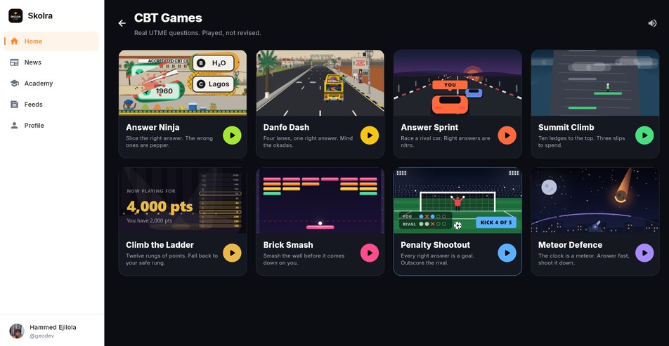 The CBT games in Skolra for Windows: Answer Ninja, Danfo Dash, Answer Sprint, Summit Climb, Climb the Ladder, Brick Smash, Penalty Shootout and Meteor Defence.