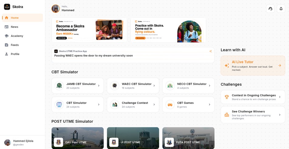 The Skolra home screen on Windows: JAMB, WAEC and NECO CBT simulators, post-UTME simulators for OAU, UI and FUTA, the AI live tutor and challenges.