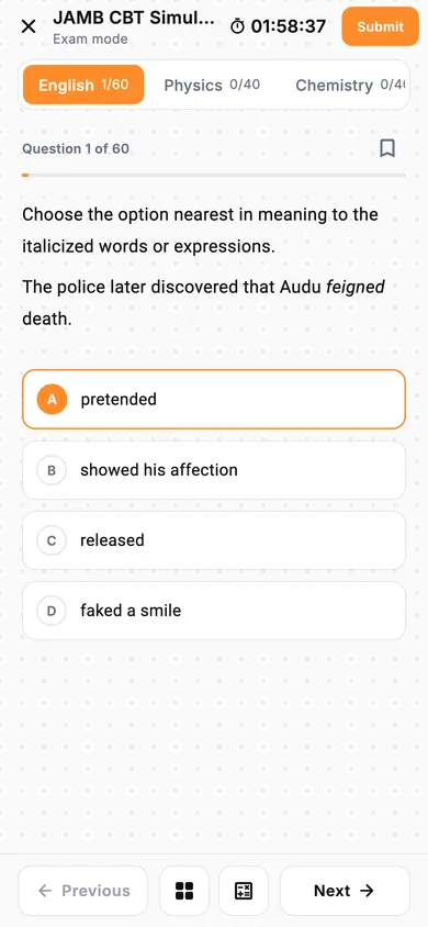 A Skolra JAMB CBT mock exam on a phone: a timer, tabs for English, Physics and Chemistry, and question 1 of 60 with four options.