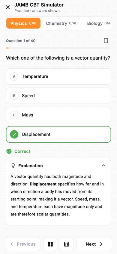 Skolra study mode on a phone: a JAMB Physics question with Displacement marked correct and a short explanation of why.