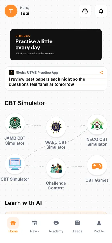 The Skolra home screen on a phone: the JAMB, WAEC and NECO CBT simulators, Challenge Contest and CBT Games.