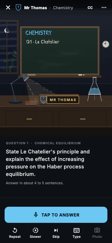 The Skolra AI live tutor on a phone: Mr Thomas asks a Chemistry question about Le Chatelier's principle, with a Tap to answer button.